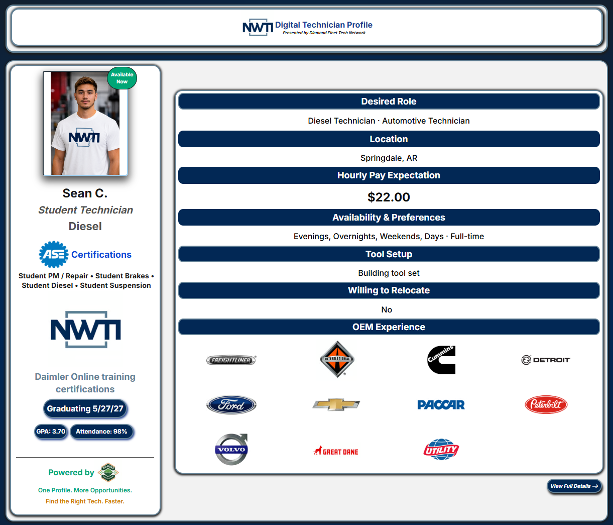 Sean C. — Diesel Student, Northwest Technical Institute — Premium NWTI school-branded Digital Technician Profile